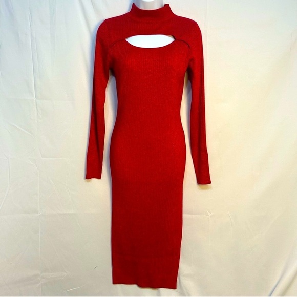 Say What Ribbed Cutout Long Sleeve Sweater Dress Midi - Red Metallic size L - Picture 3 of 8